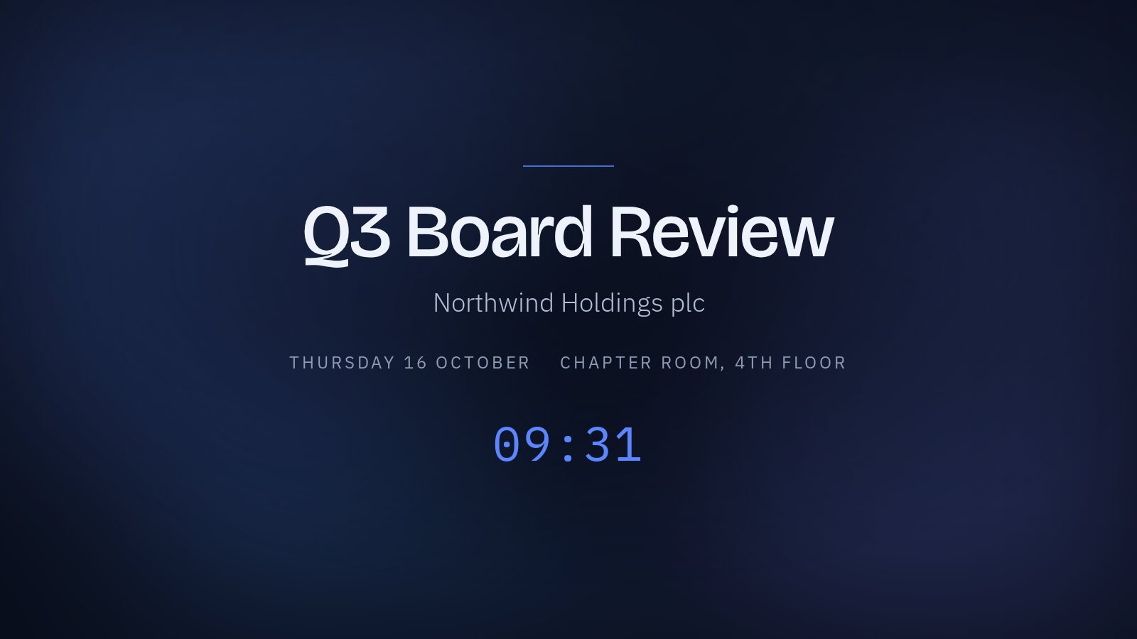 A locked room display showing the welcome slate for Q3 Board Review
